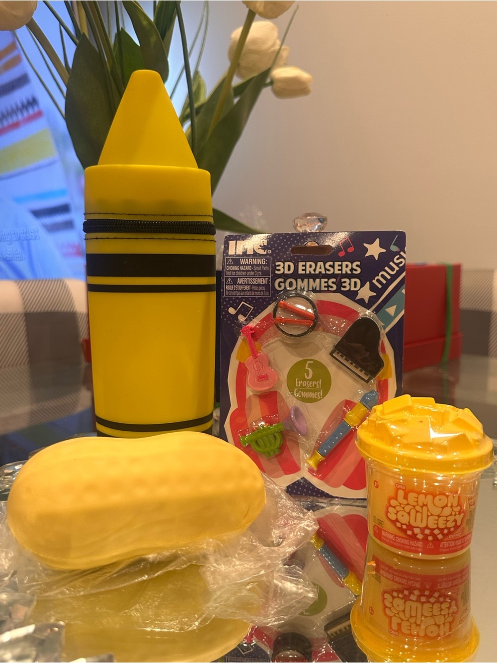 Back to School Yellow Crayon Pencil Case Music Erasers ORB Slime Squishy Set NEW